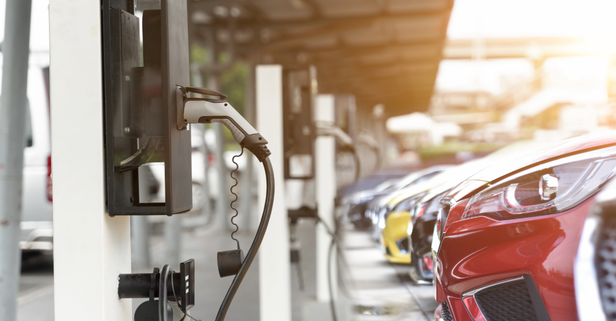 A full bank of electric vehicle charging stations.