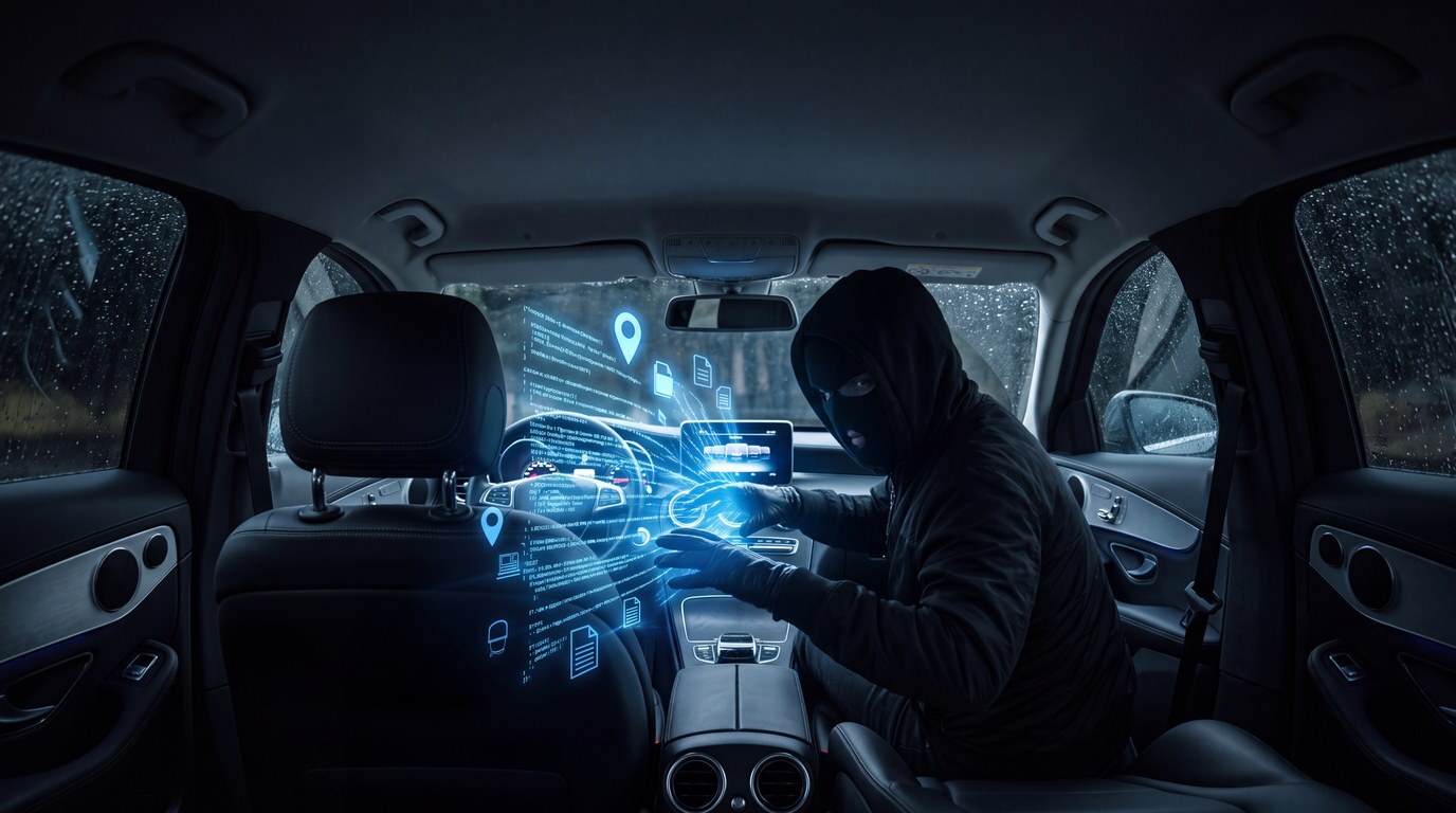 Masked thief inside a car reaching for glowing streams of personal data, location pins and files flowing from the dashboard