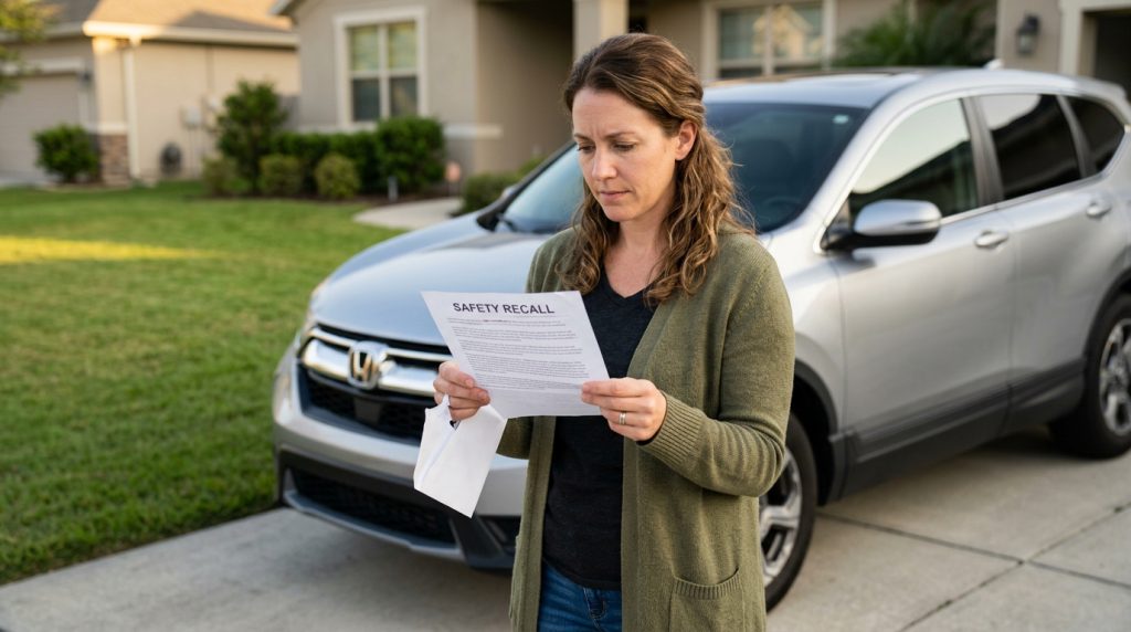 Woman standing beside a silver SUV in a driveway reading an opened vehicle safety recall notice
