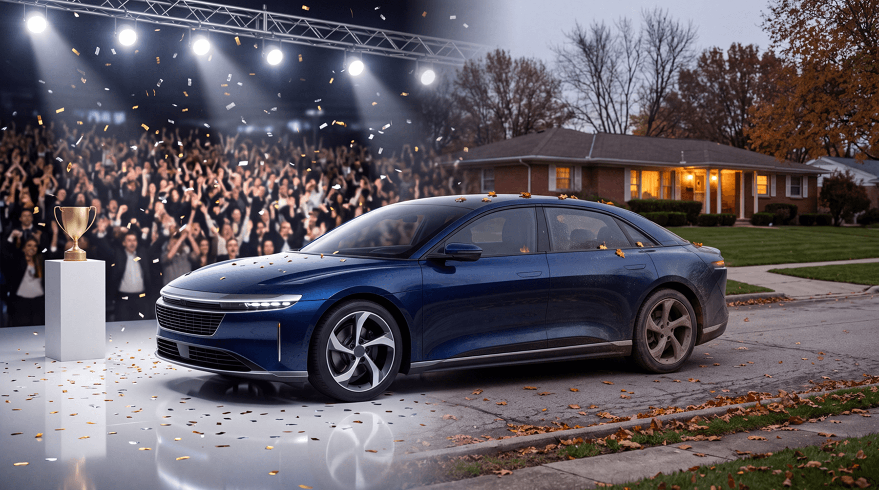 Luxury sedan parked half on a glamorous award stage and half along a suburban street curb at dusk, dusty and covered in leaves on the street side.